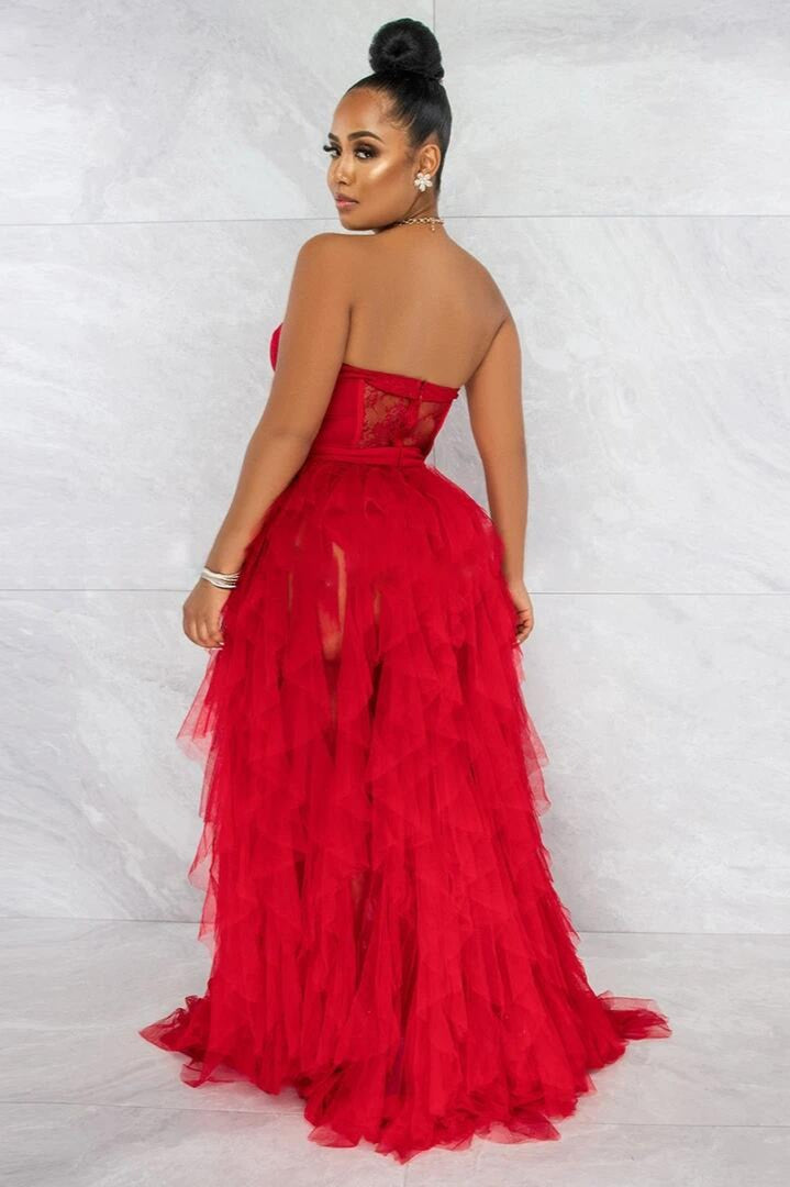 Sheer Lace Bustier Formal Dress S / Red