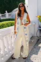 Contrast Embroidered Vest Top Boho Pants Set