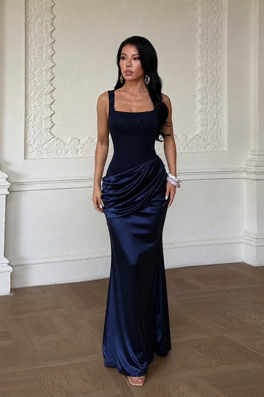 Square Neck Ruched Satin Formal Dress