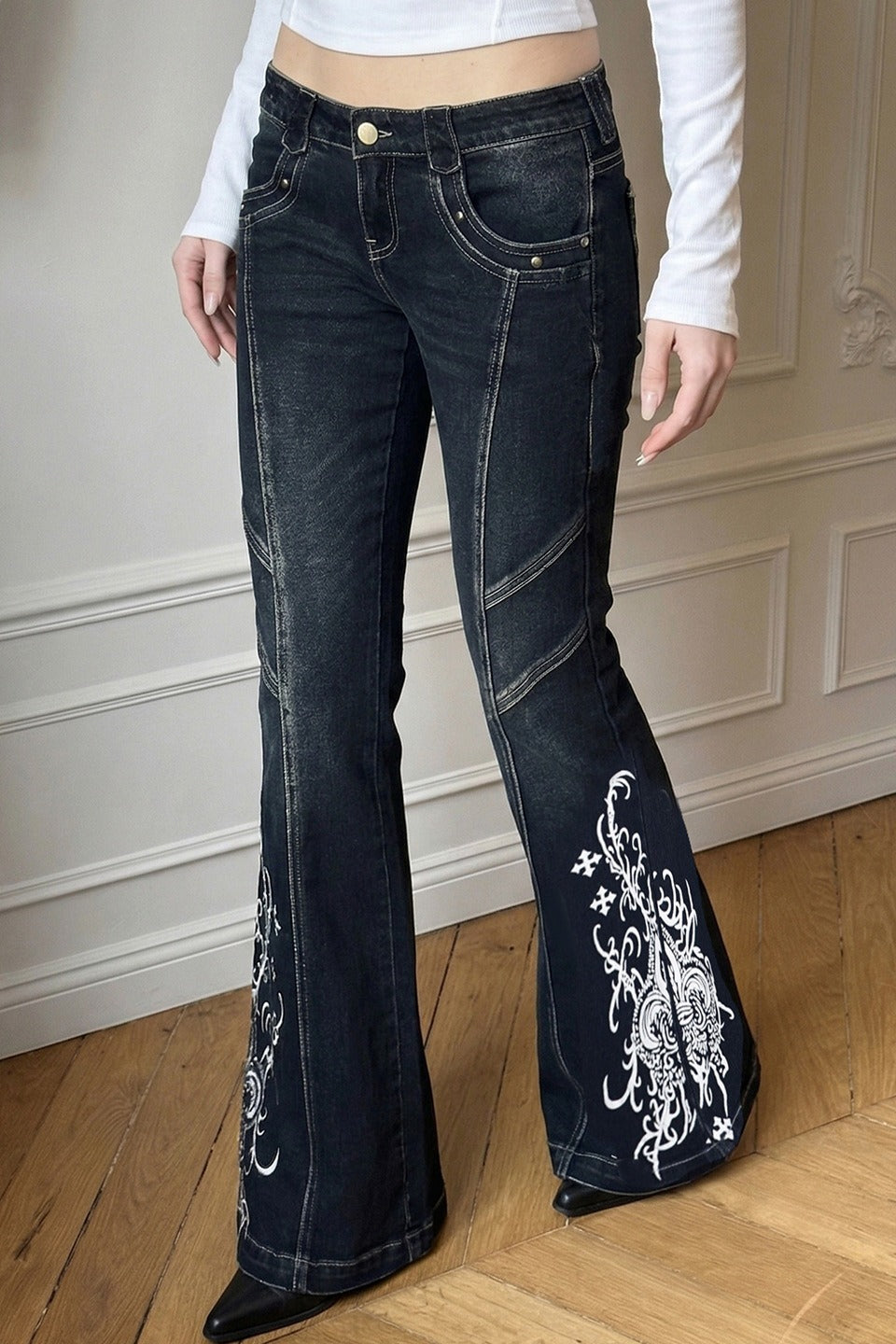 Y2K Graphic Print Slim Flare Leg Jeans