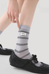 5 Pack Striped Polka Dot Ribbed Cuff Micro Mesh Cotton Socks