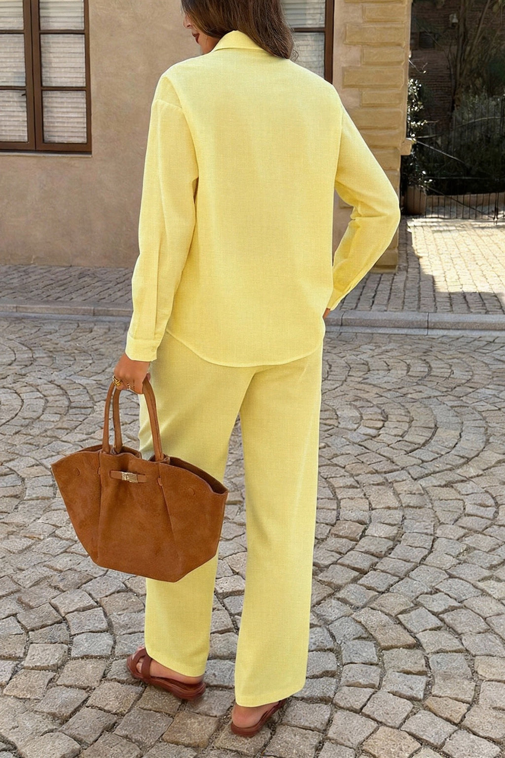 Casual Solid Long Sleeve Shirt Pants Set