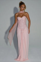 Ribbon Strapless Corset Maxi Evening Prom Dress