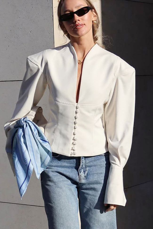 V Neck Waist Slim Blazer Coat White / S coats Main image