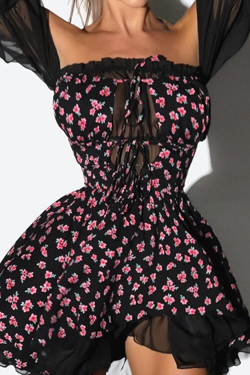 Chiffon Patchwork Strapless A Line Floral Dress