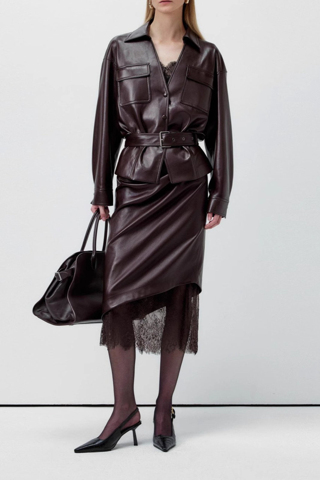 Elegant Lace Trim Leather Skirt Secondary image