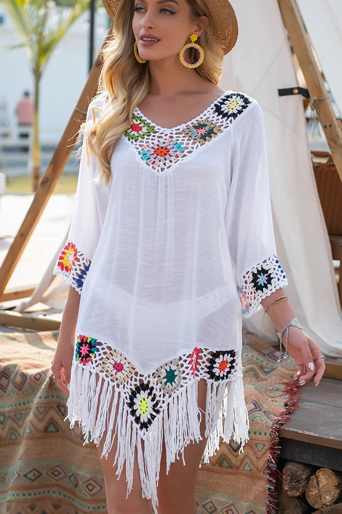 White Fringe Trim Boho Dress White / one size Main image