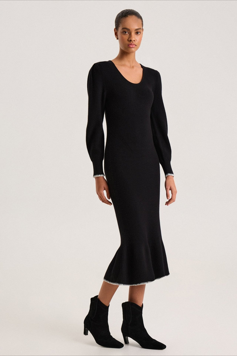 Contrast Trim Ruffle Sweater Dress