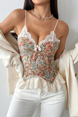 Lace Trim Patchwork Boned Corset Tank Top