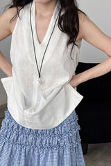 Halter V Neck Linen Casual Tank Top