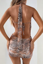 Zebra Print Cowl Neck Backless Bodycon Mini Dress