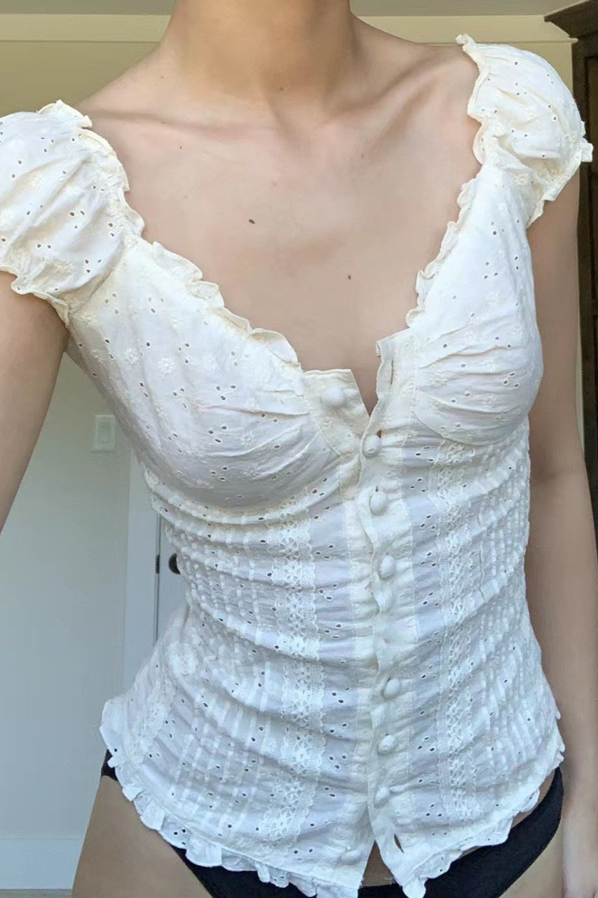 Lace Trim V Neck Button Front Slim Blouse Secondary image