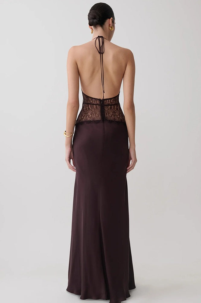 Lace Inset Halter Satin Formal Dress