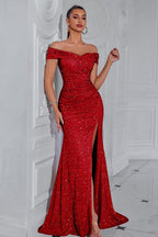 Sequin Off Shoulder Split Party Dress S / Red