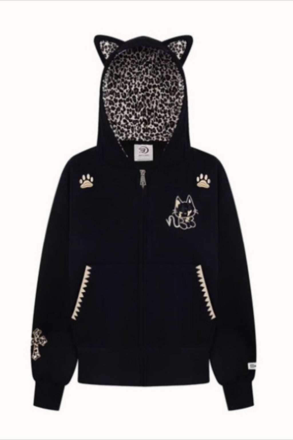 Cat Ear Leopard Lined Zip Up Hoodie