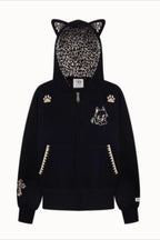 Cat Ear Leopard Lined Zip Up Hoodie