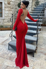 Long Sleeve Backless Bodycon Formal Dress S / Red