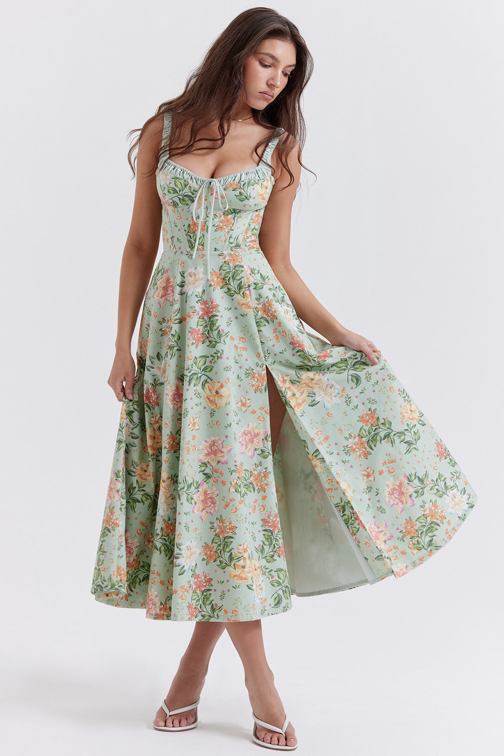 Strap Slit Fit Flare Floral Dress