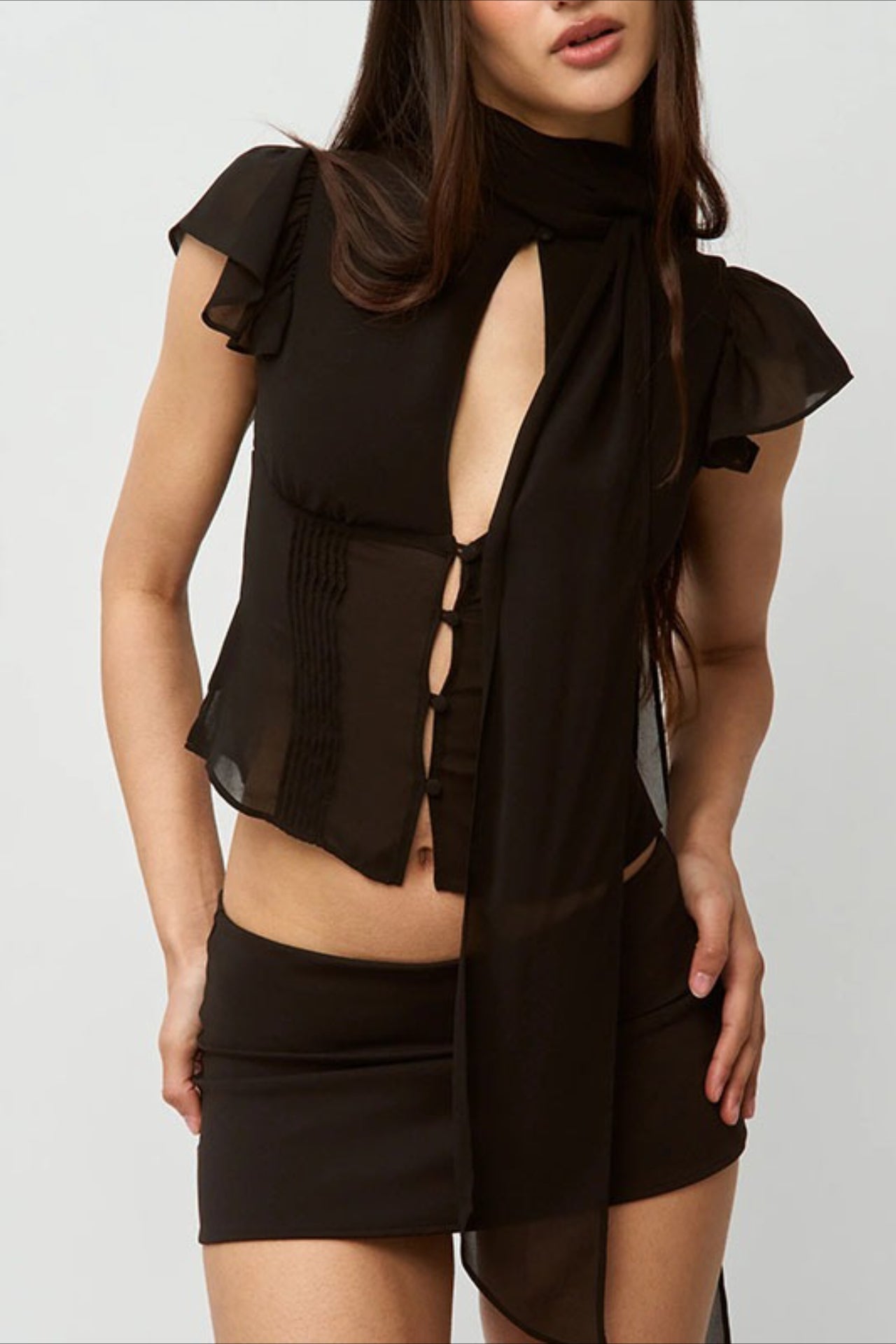 Button Hollow Out Tie Detail Waist Slim Tee Secondary image
