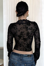 Printed Mesh Lace Trim Button Front Blouse