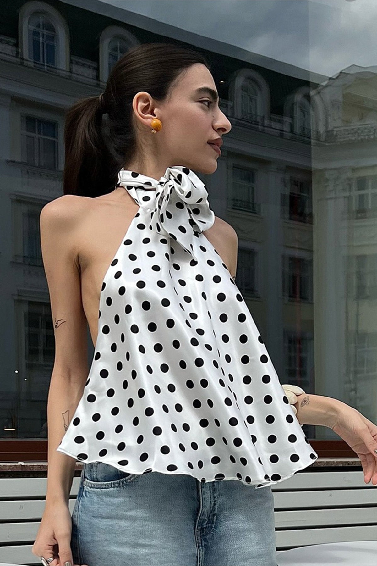 Polka Dot Satin Bow Tie Backless Cami Crop Top Secondary image