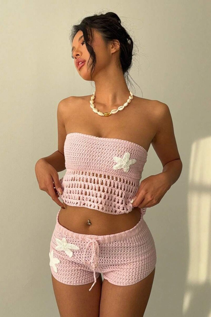Floral Knit Crochet Crop Bodycon Shorts Set Secondary image