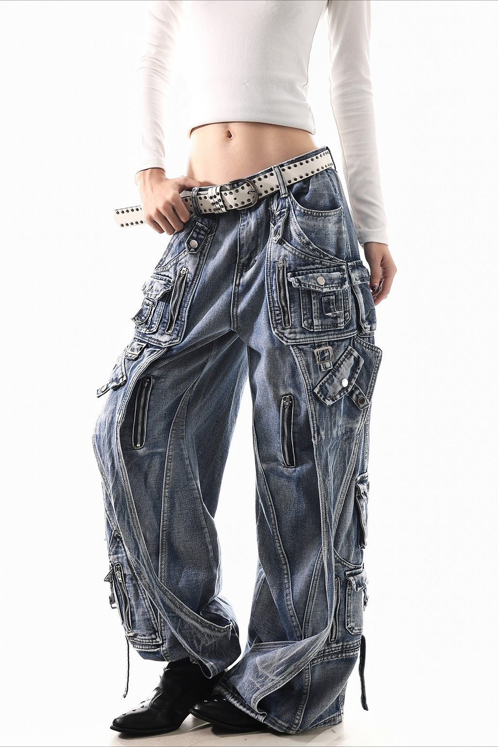 Deconstructed Buckle Cargo Wide Leg Jeans