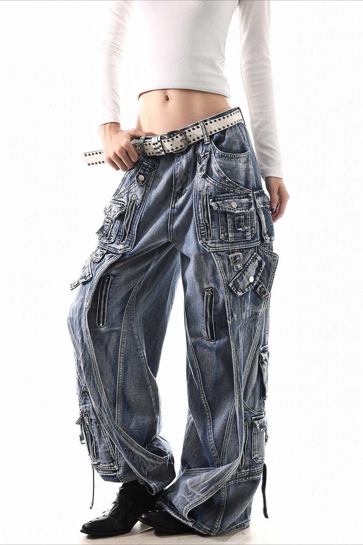 Deconstructed Buckle Cargo Wide Leg Jeans