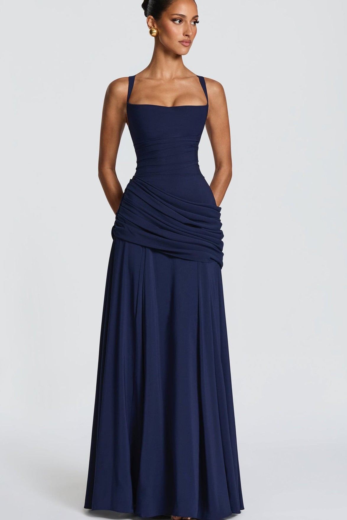 Square Neck Ruched Milk Silk Formal Dress