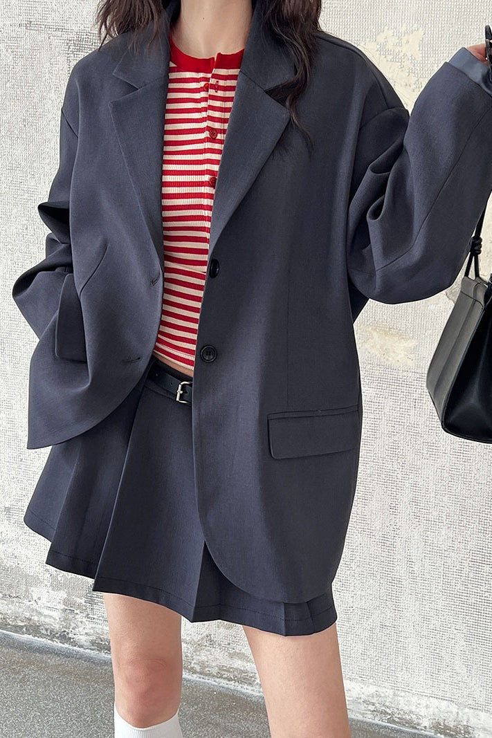 Contrast Sleeve Blazer Pleated Midi Skirt Set