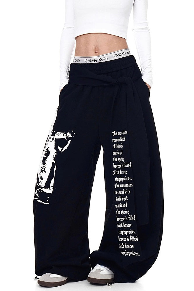 Layered Typography Ribbon Barrel Leg Sweatpants