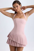 Halter Tiered Pleated Mini Cocktail Dress