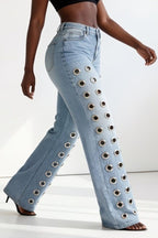 Metal Eyelet High Rise Washed Straight Leg Jeans