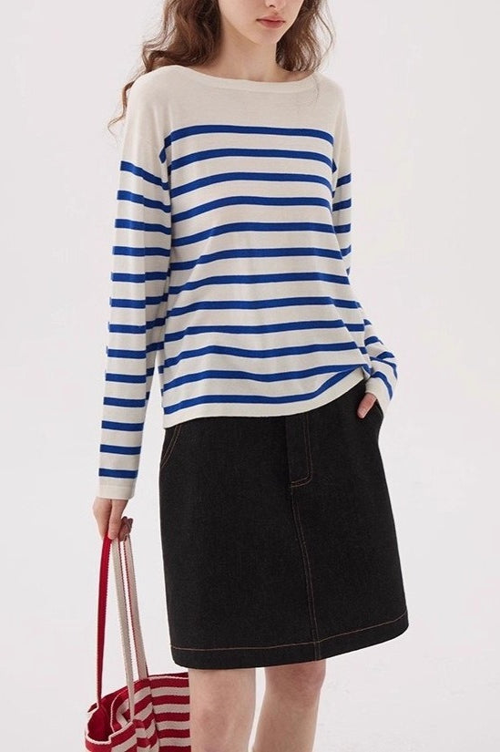 Navy Striped Relaxed Boat Neck Knit Top Secondary image