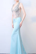 Sheer Blue Deep V Neck Maxi Party Dress