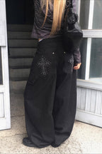 Black Leopard Cross Graphic Loose Curved Leg Jeans