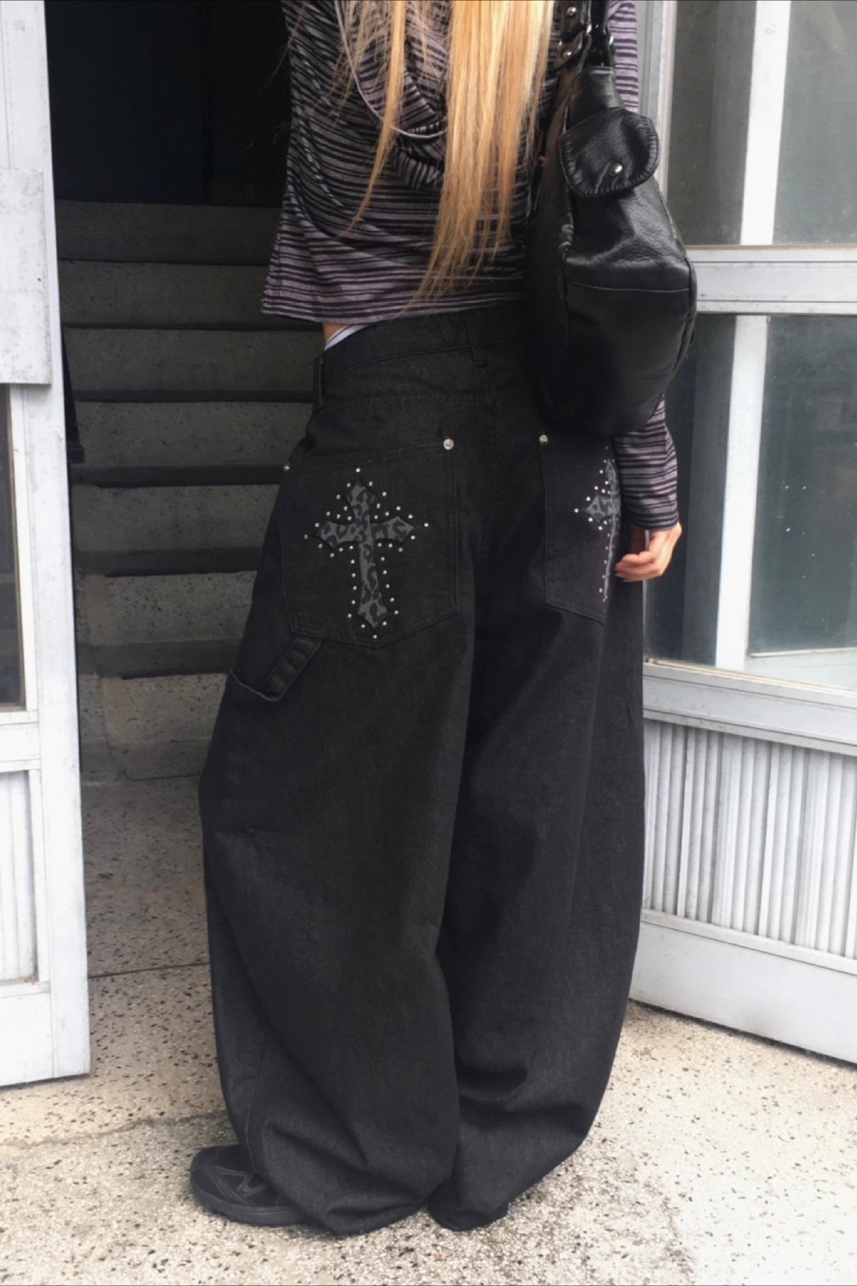 Black Leopard Cross Graphic Loose Curved Leg Jeans