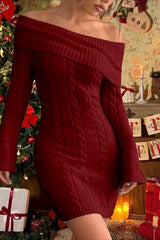 Trendy Casual Versatile Solid Off Shoulder Knit Sweater Dress