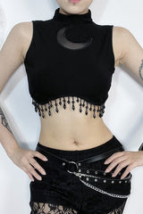 High Neck Sleeveless Moon Cutout Fringe Crop Top