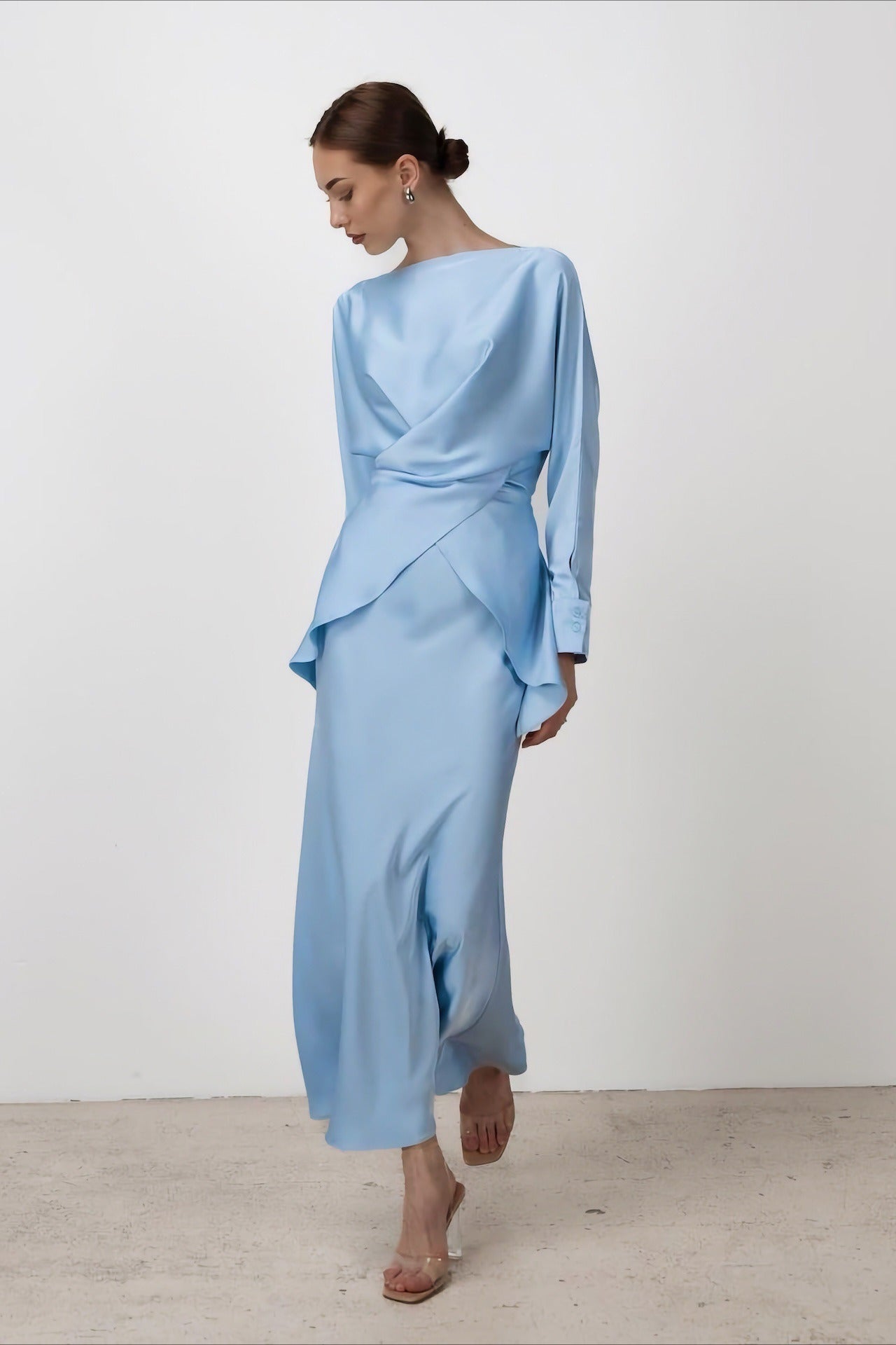 Solid Satin Cinched Waist Skirt Set Secondary image
