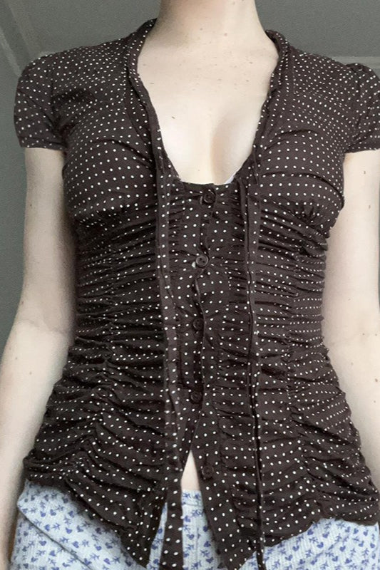 Button Tie Waist Dot Print Blouse Secondary image