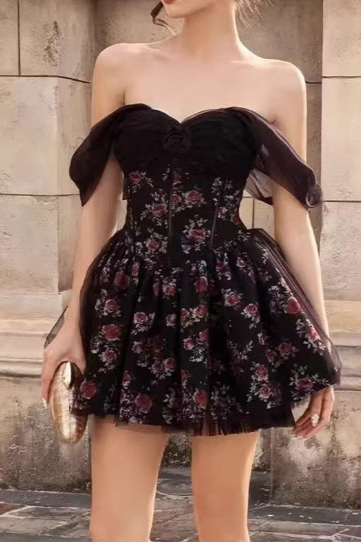 Off Shoulder Mesh Bubble Sleeve Mini Floral Dress Main image