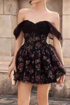 Off Shoulder Mesh Bubble Sleeve Mini Floral Dress