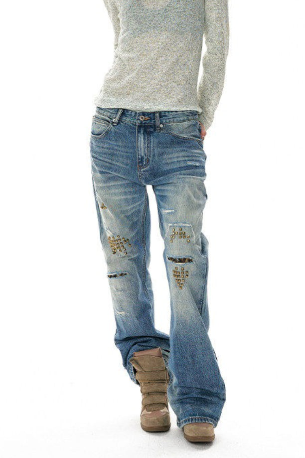 Rivet Lightning Distressed Flare Jeans