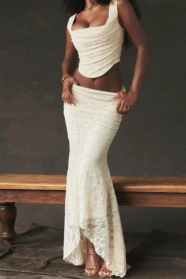 Elegant Lace Up Crop Top & Maxi Skirt Boho Dress Main image