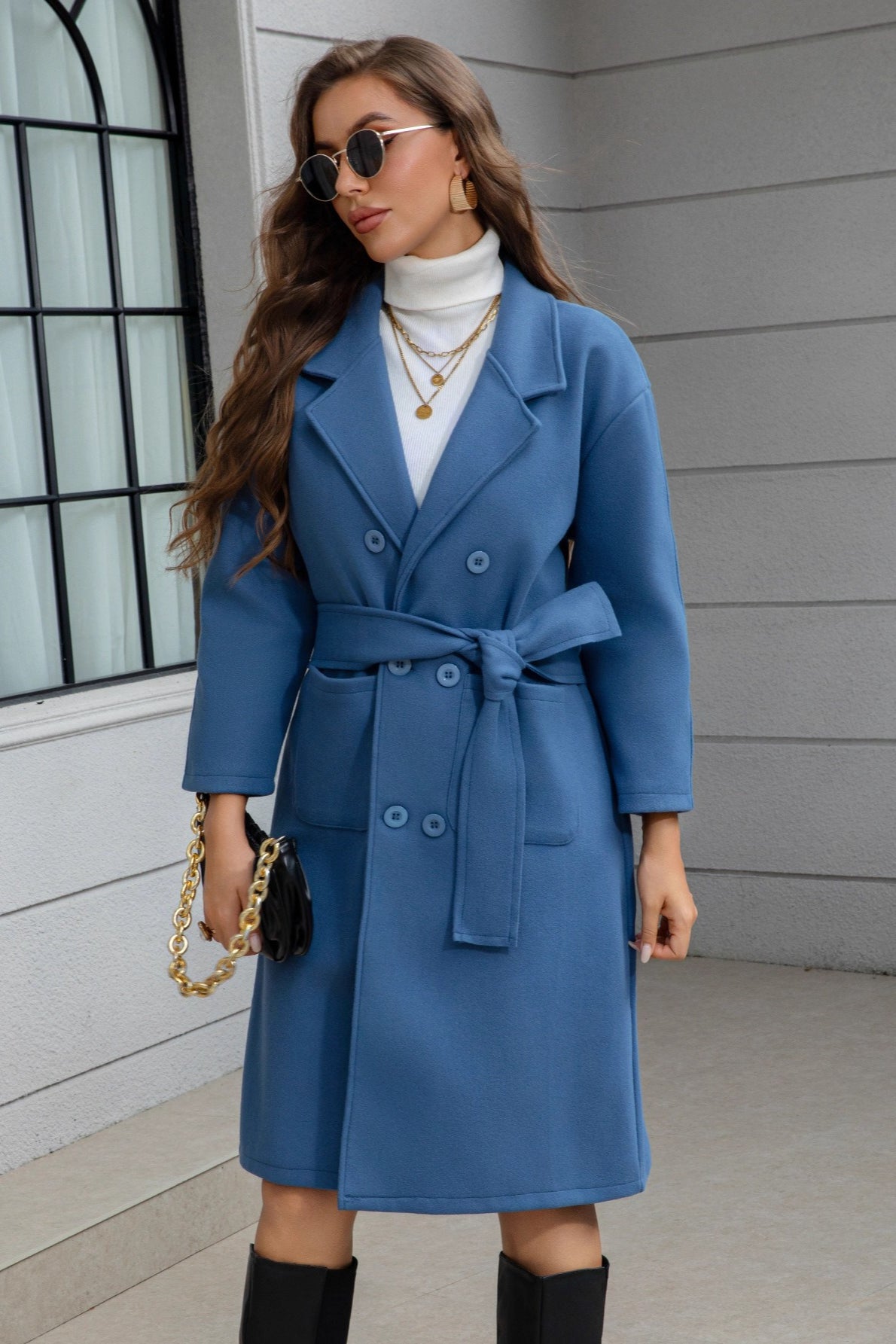 Blue Belted Midi Wool Blend Overcoat Secondary image