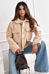 Lapel Button Sherpa Long Sleeve Coat Beige / S coats