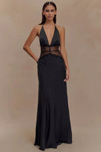 Lace Patchwork Backless Halter Boho Dress Black / S