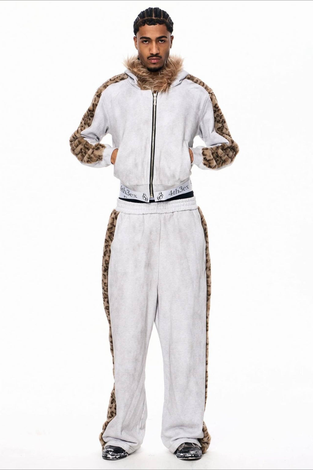 Leopard Faux Fur Trim Zip Up Hoodie