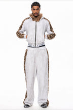 Leopard Faux Fur Trim Zip Up Hoodie
